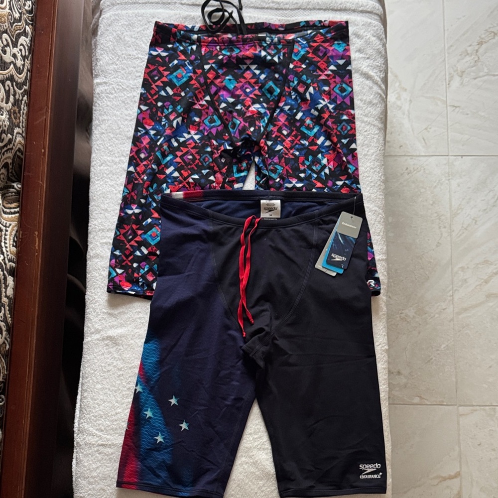 Lot of 2 - Speedo Navy Flag 34” NWT and TYR Multicolored  32” Graphic Jammers